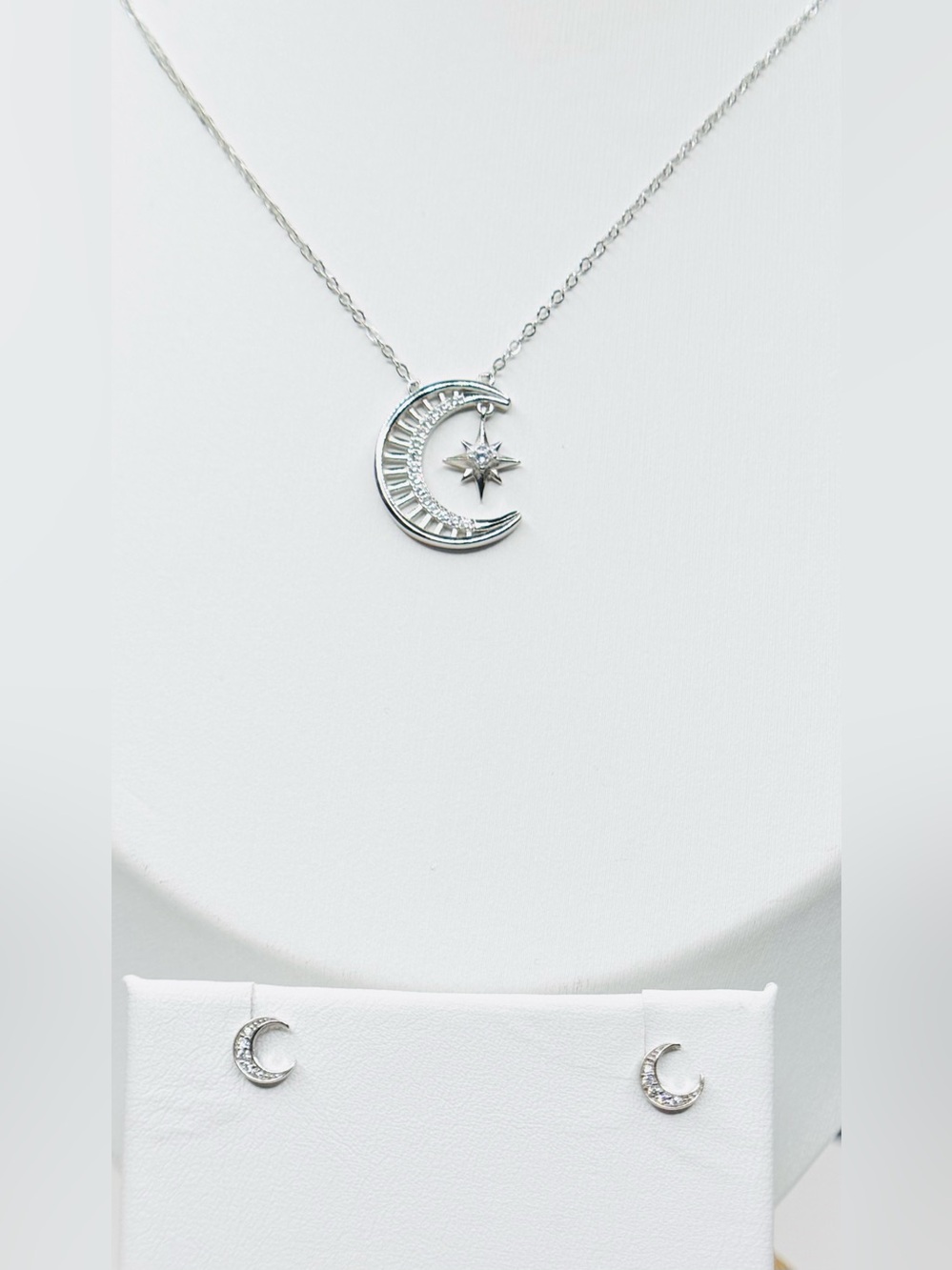 Sterling Silver White Gold Moon & Star Necklace with Matching Moon Stud Earrings